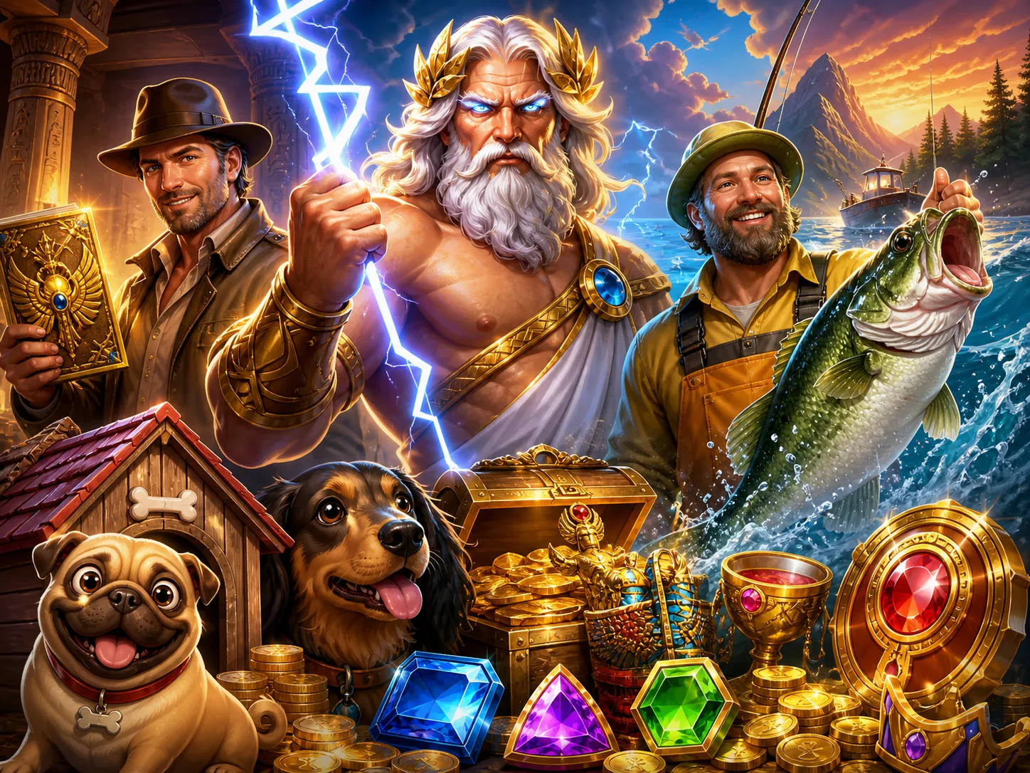 Illustration of a mythical slot world featuring a powerful god character, treasure, and vibrant fantasy landscape.