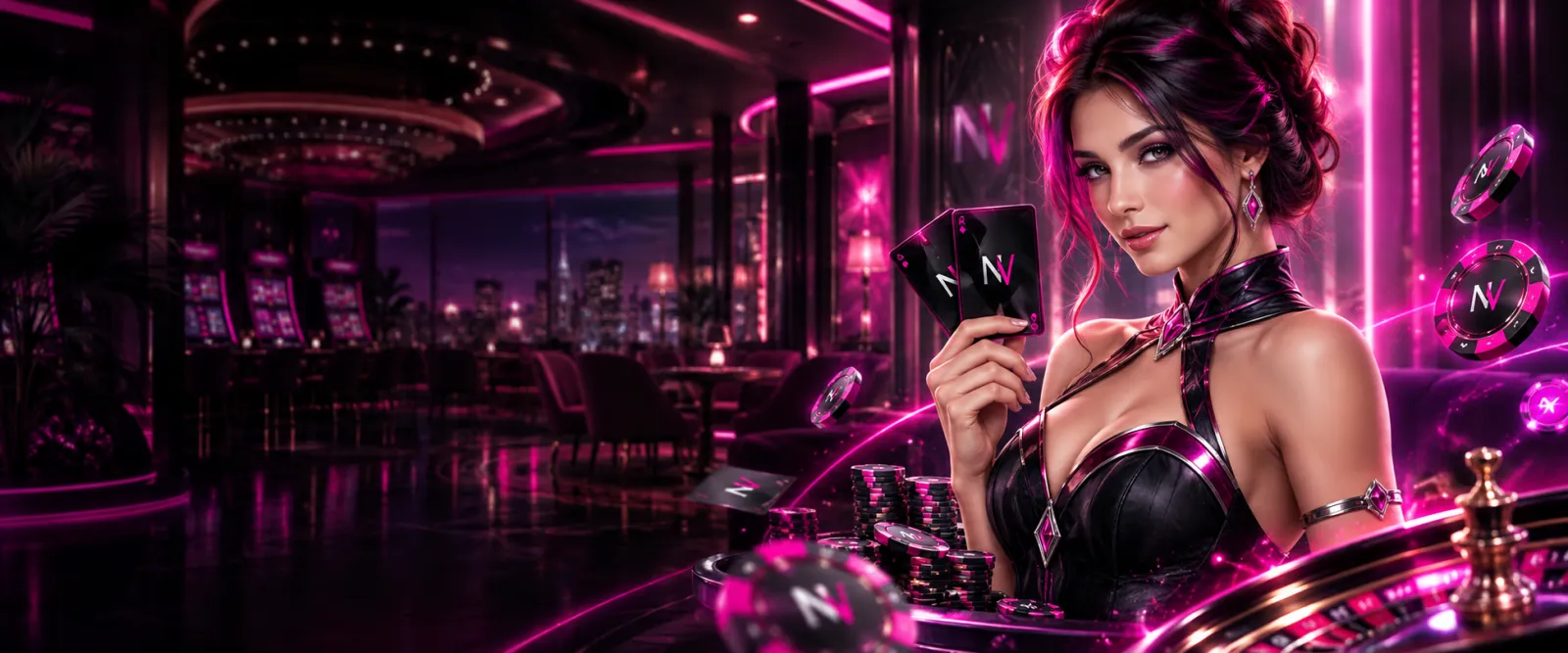 Premium NV Casino promotional banner with a unique character design, featuring the iconic NV magenta color and luxurious casi